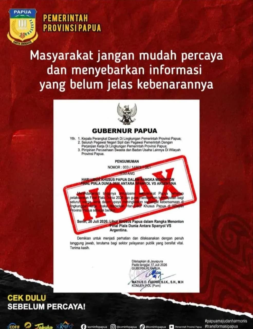 Ilustrasi berita JAYAPURA: Hoaks! Pemprov Papua Tegaskan Tidak Ada Libur Khusus untuk Nonton Final Piala Dunia 2026