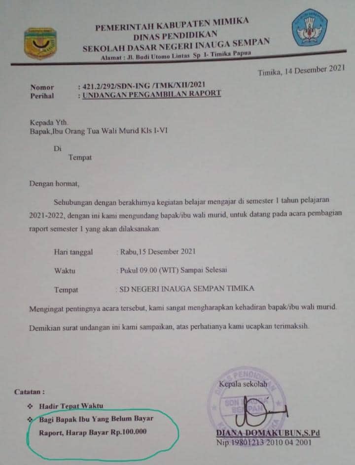 Ilustrasi berita Mimika: Dipertanyakan !!! Terima Raport, Orang Tua Murid SDN Inauga Timika Wajib Bayar Rp 100, Kepsek Diana: Itu Harga Sampul