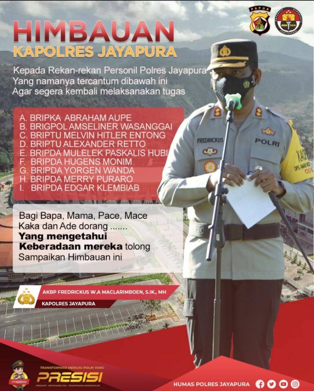 Ilustrasi berita Papua: Mangkir Lebih Setahun dari Tugas, Kapolres Jayapura Umumkan 9 Anggota Polri yang Masuk DPO di Media Sosial