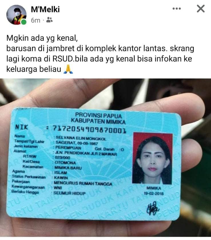 Ilustrasi berita Mimika: Seorang Wanita Korban Jambret Dilarikan ke RSUD Mimika, Pendarahan di Telinga, Mungkin Kenal?