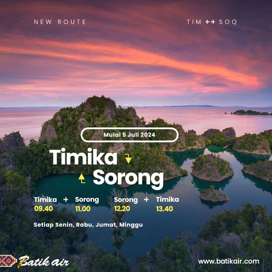 Ilustrasi berita Papua: Mulai 5 Juli 2024, Batik Air Resmi Buka Rute Baru Terbang Langsung Timika - Sorong