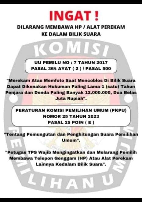 Ilustrasi berita BERITA UTAMA: Bawaslu Mimika Tegaskan Warga Dilarang Bawa HP ke Bilik Suara, Kedapatan Memotret Bakal Langsung Ditangkap dan Dipenjara