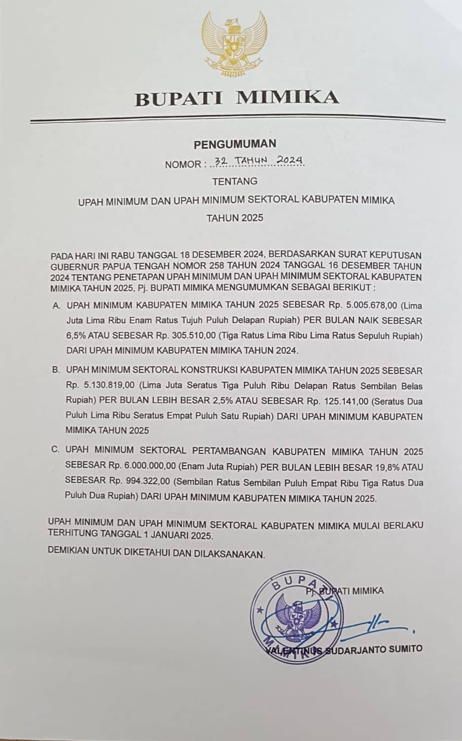 Ilustrasi berita Mimika: Upah Pekerja di Mimika Naik Per-1 Januari 2025, Simak Besarannya