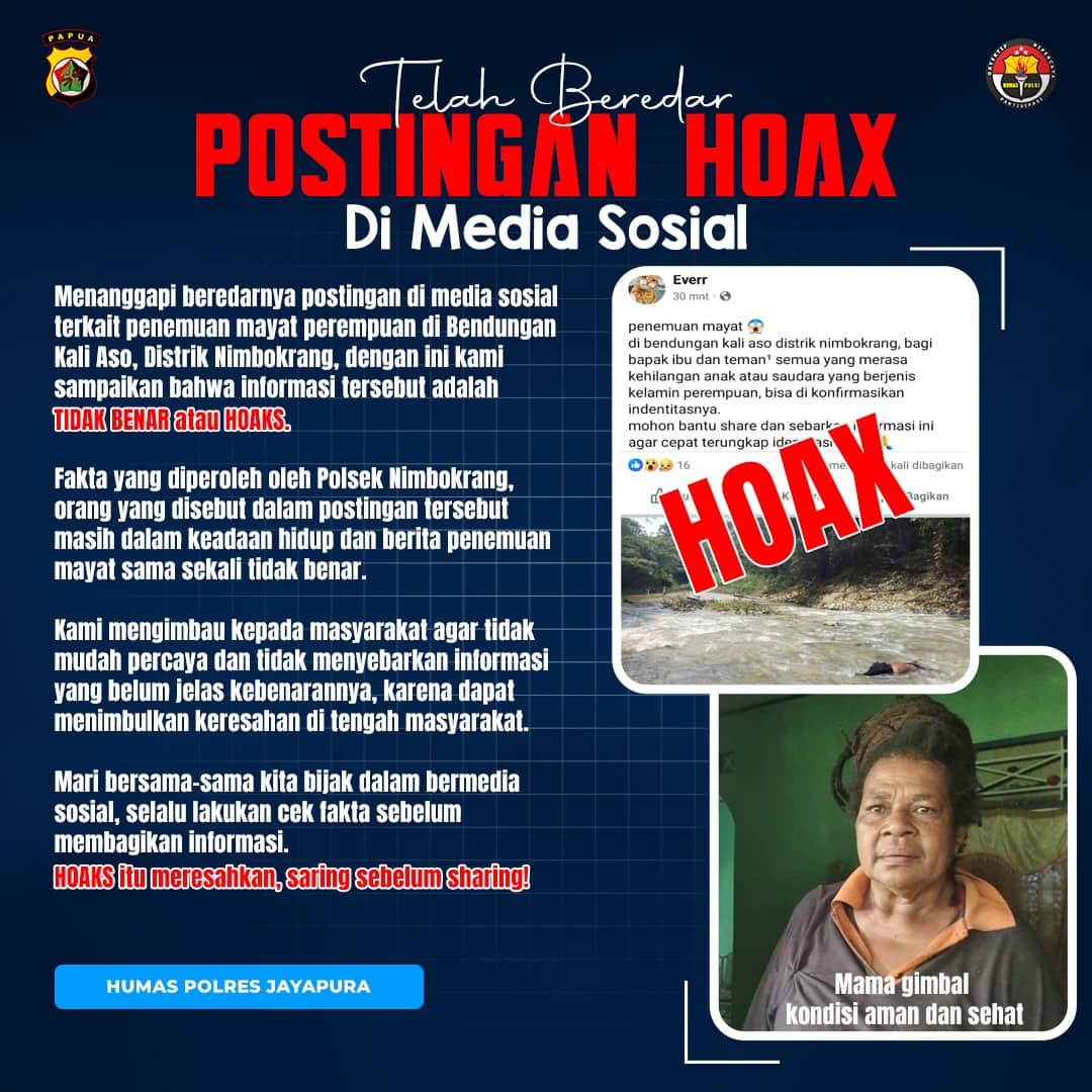 Ilustrasi berita JAYAPURA: Viral di Medsos, Penemuan Mayat Mama Gimbal di Bendungan Kali Aso Kabupaten Jayapura Dipastikan Hoaks