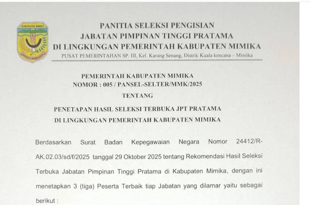 Ilustrasi berita Mimika: Breakingnews - Pansel Umumkan Tiga Besar Nama-nama Pejabat Hasil Seleksi Terbuka JPT Pratama Tahun 2025