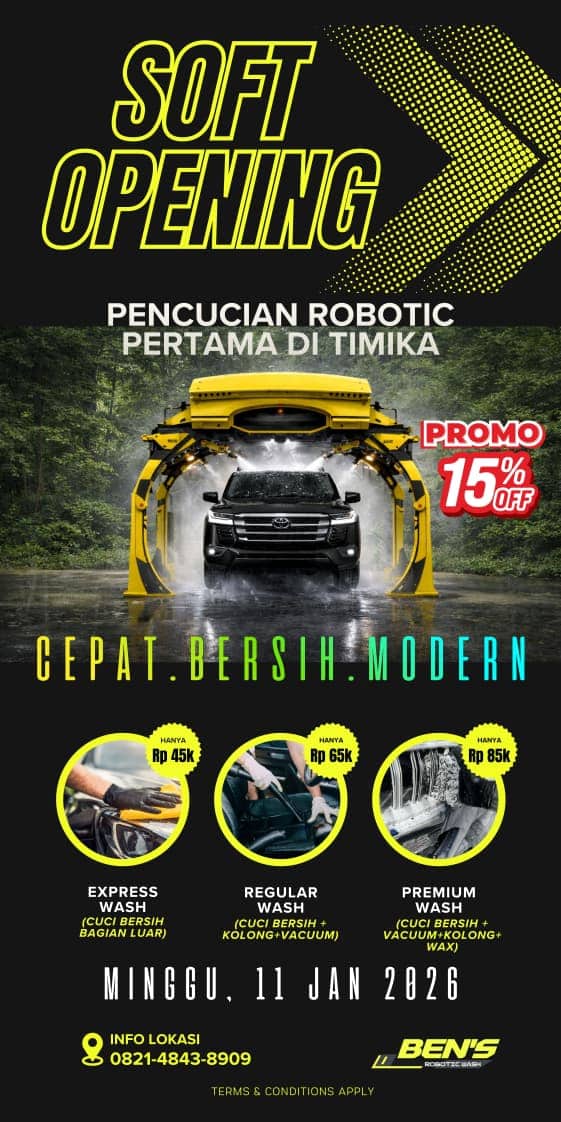Ilustrasi berita Mimika: Pertama Hadir di Timika, 'Ben’s Robotic Wash' Hadirkan Teknologi Canggih Untuk Pencucian Mobil Cepat dan Murah, Tawarkan Promo 15 Persen