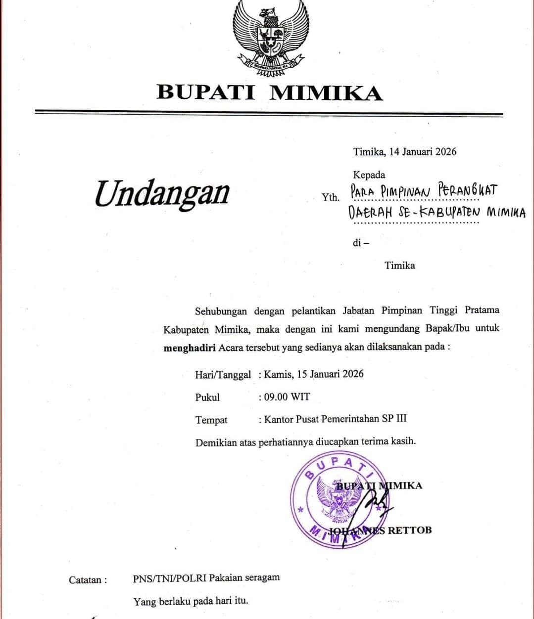 Ilustrasi berita Mimika: Pagi Ini, Bupati Mimika Undang Pimpinan OPD Hadiri Pelantikan JPT Pratama