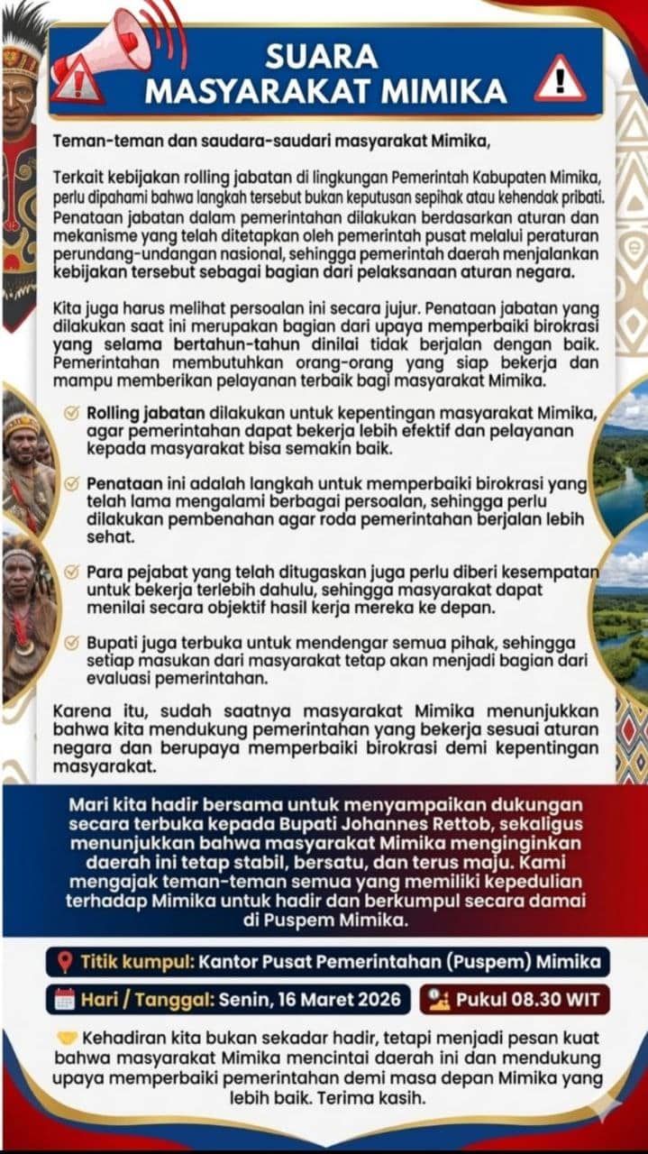 Ilustrasi berita Mimika: Pagi Ini, Suara Masyarakat Mimika Gelar Aksi Dukung Kebijakan Bupati dan Wakil Bupati Mimika