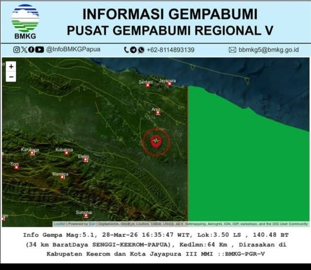 Ilustrasi berita Papua: Gempa Magnitudo 5,1 Guncang Keerom dan Jayapura, BMKG: Terasa Hingga Skala III MMI