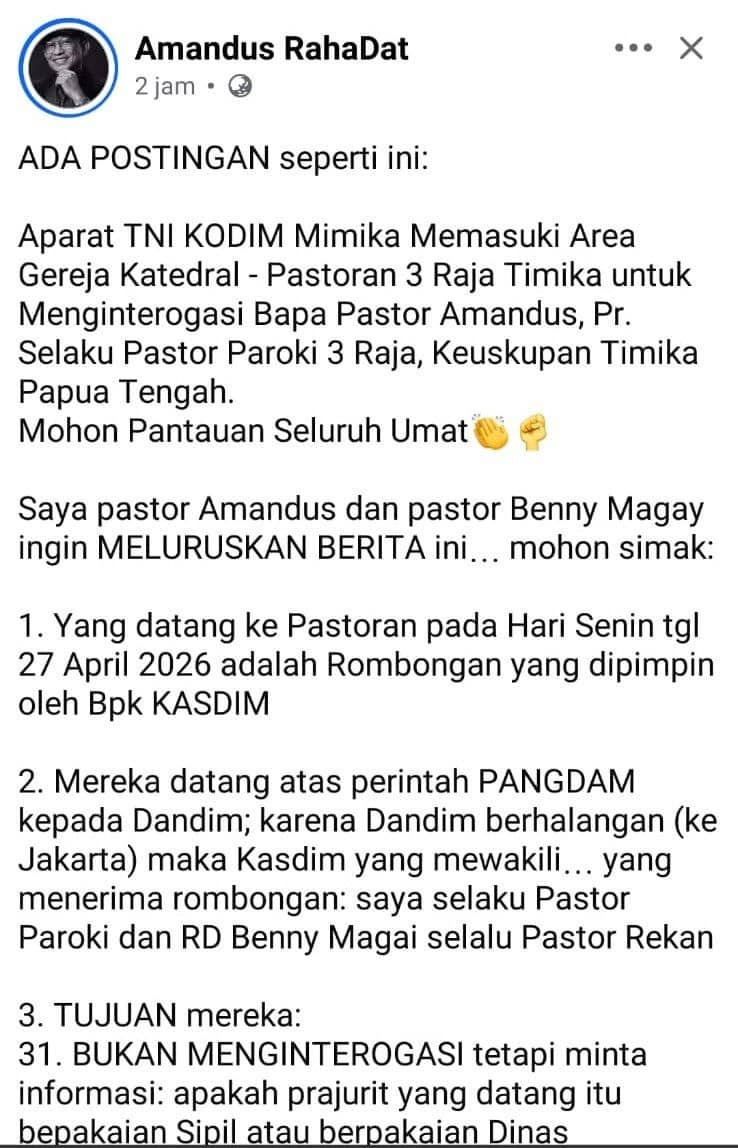 Ilustrasi berita Mimika: Oknum TNI Masuk Ruang Privat Pastor Saat Pengamanan Wapres di Timika, Kasdim: Kami Mohon Maaf
