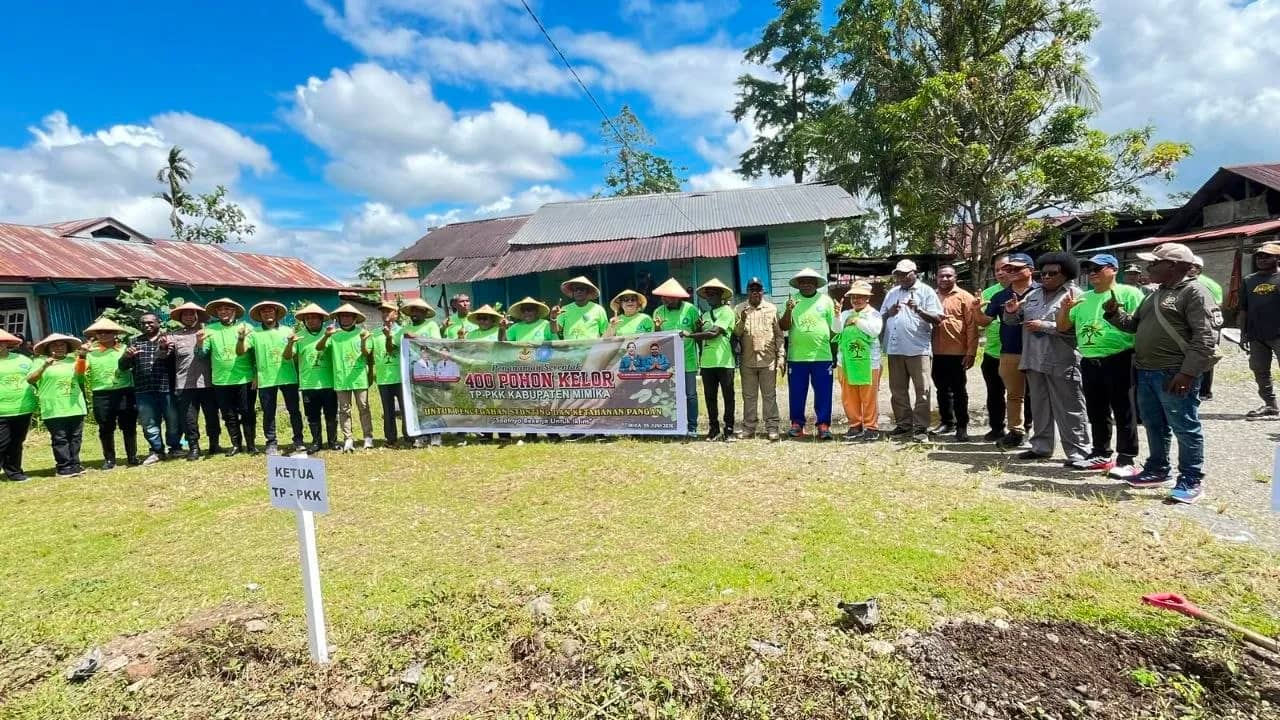 Bupati Mimika Johannes Rettob, Wakil Bupati Emanuel Kemong, dan Sekda Mimika bersama TP-PKK Kabupaten Mimika melakukan penanaman serentak 400 pohon kelor di Kampung Nawaripi, Distrik Wania, Jumat (5/6).