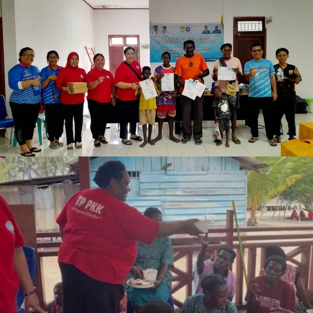 Ketua TP PKK Mimika Ny. Suzy Rettob bersama Wakil Ketua Ny. Perina Kemong dan jajaran pengurus TP PKK Mimika saat mengunjungi masyarakat di Kampung Ipiri, Selasa (29/9).