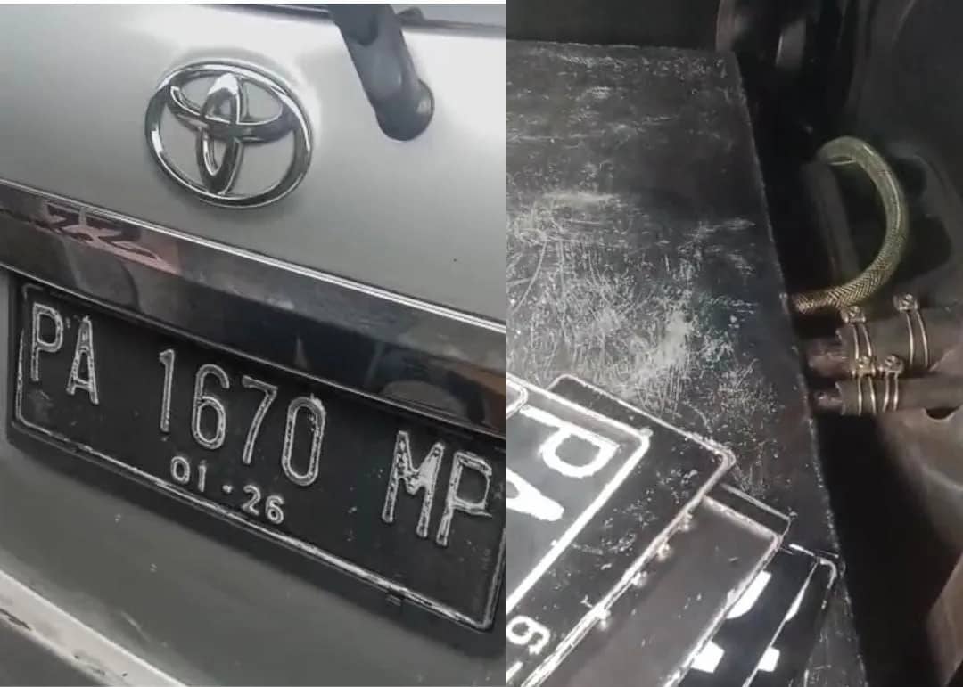 Nomor polisi mobil yang diduga melakukan kecurangan dengan memodifikasi tangki BBM dan menyimpan 10 TNKB di bagian belakang kendaraan.