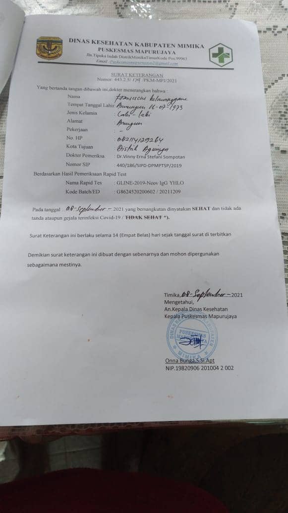 Surat keterangan Rapid Test Puskesmas Mapurujaya.