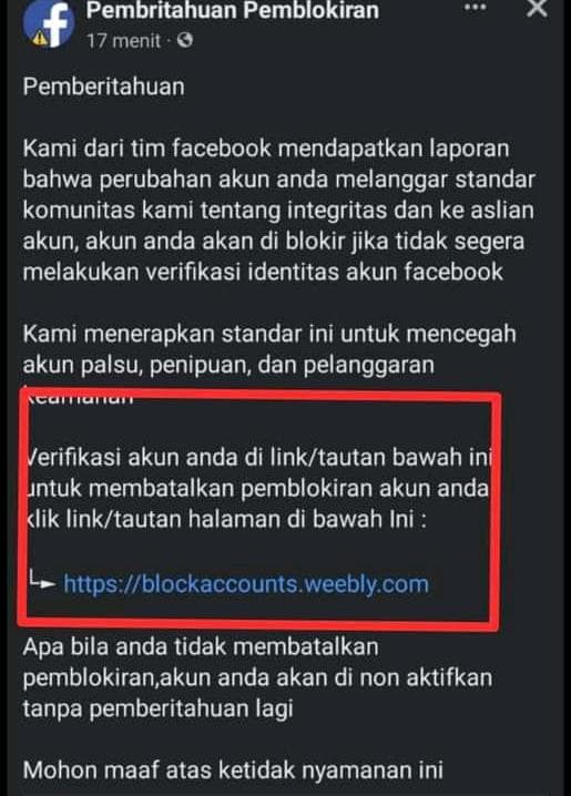 Ilustrasi berita MIMIKA: Jangan Sampai Warga Timika Terjebak, Akun FB "Pemberitahuan Pemblokiran" Curi Password Pengguna