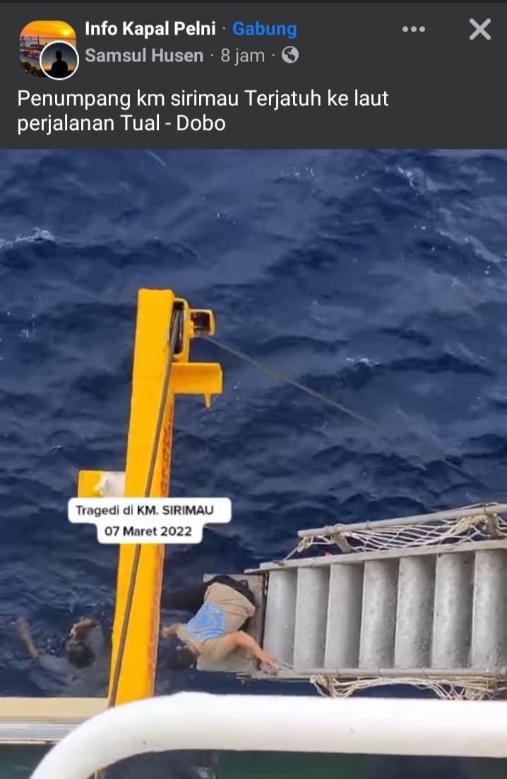 Ilustrasi berita MIMIKA: Penumpang KM Sirimau Tujuan Tual - Dobo Jatuh ke Laut, Warganet Pertanyakan Kemampuan Rescue Kru Kapal