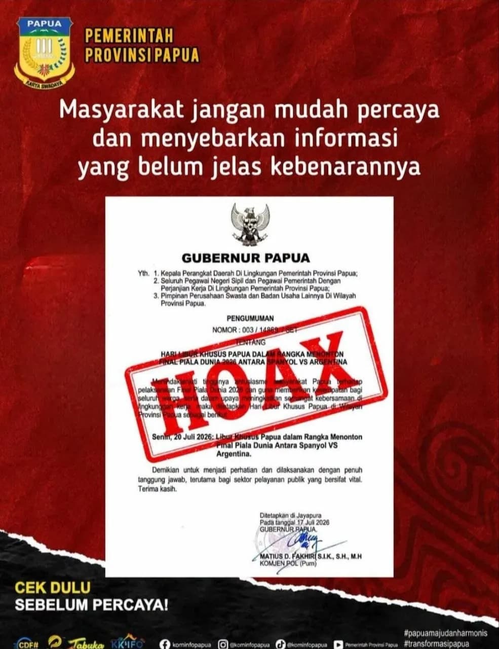 Ilustrasi berita JAYAPURA: Hoaks! Pemprov Papua Tegaskan Tidak Ada Libur Khusus untuk Nonton Final Piala Dunia 2026