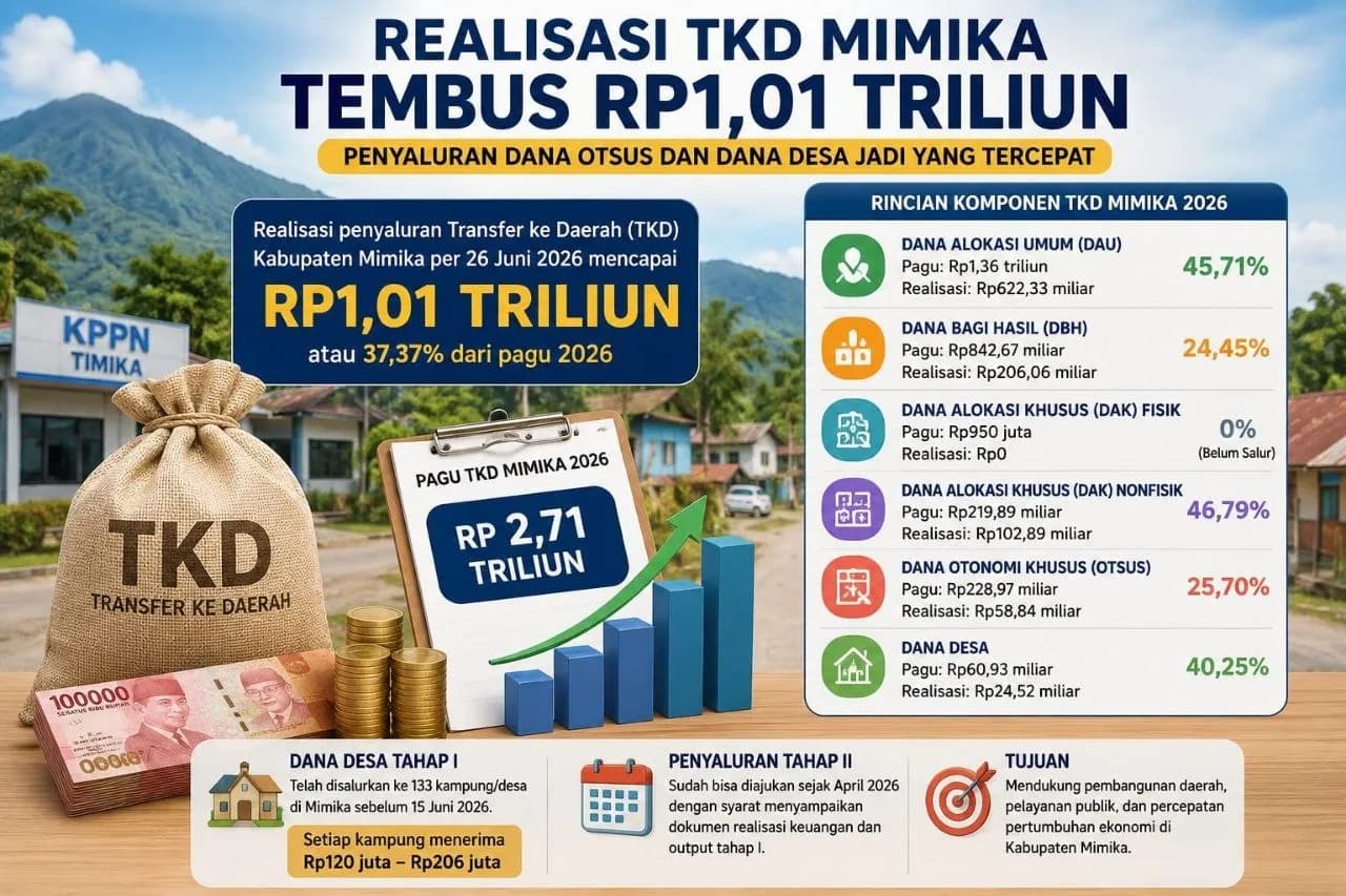Ilustrasi berita Mimika: Realisasi TKD Mimika Tembus Rp1,01 Triliun, Penyaluran Dana Otsus dan Dana Desa Jadi yang Tercepat