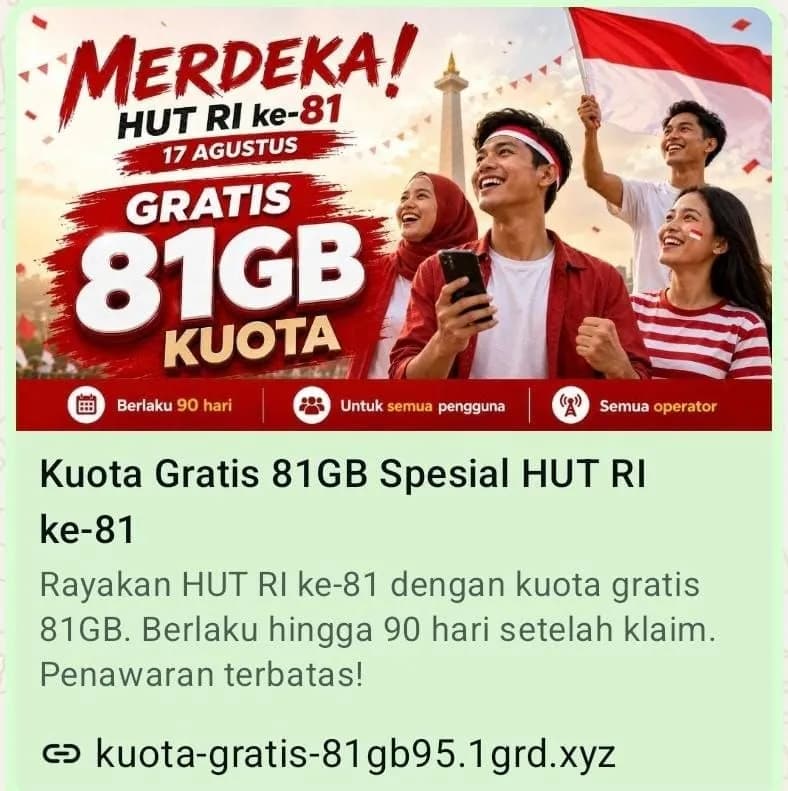 Ilustrasi berita Hukum: Waspada! Link Kuota Internet Gratis 81 GB Kembali Beredar Saat HUT RI ke-81, Diduga Modus Phishing