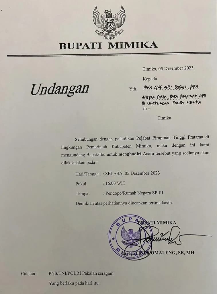 Ilustrasi berita Mimika: Breaking News, Bupati Mimika Rolling Pejabat Jam 4 Sore Ini