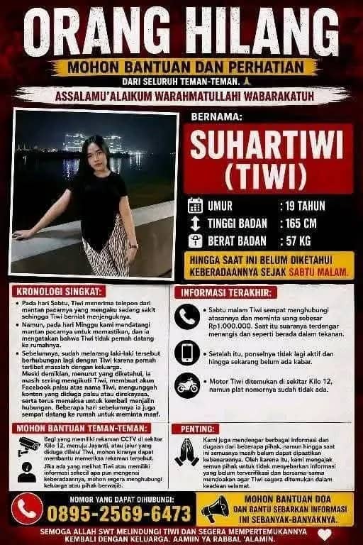 Selebaran informasi terkait hilangnya Tiwi yang diunggah di media sosial.