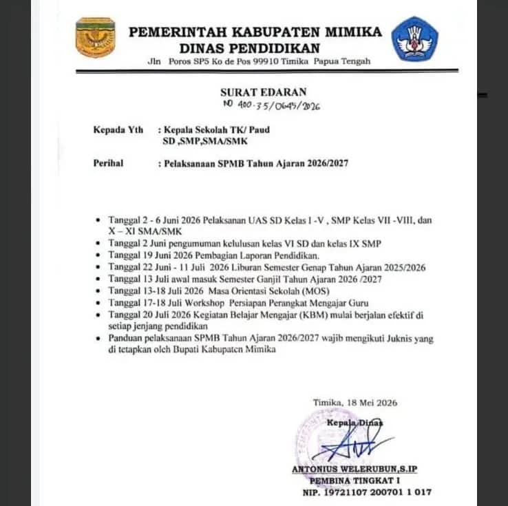 Surat Edaran Kadis Pendidikan Mimika