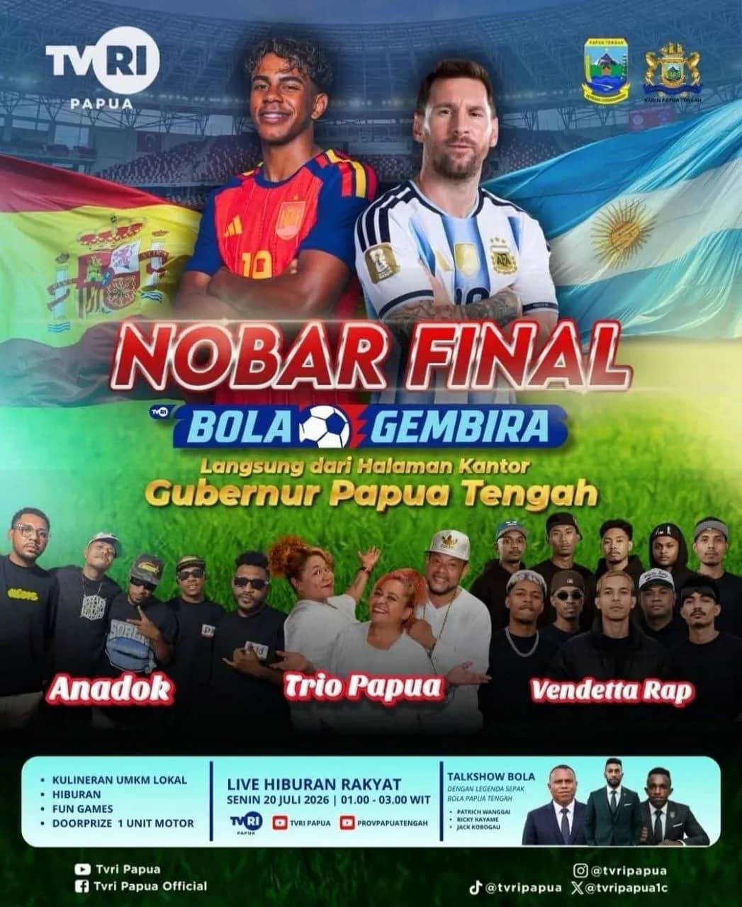 Ilustrasi berita Papua Tengah: Anadok hingga Vendetta Rap Siap Meriahkan Nobar Final Bola Gembira di Halaman Kantor Gubernur Papua Tengah
