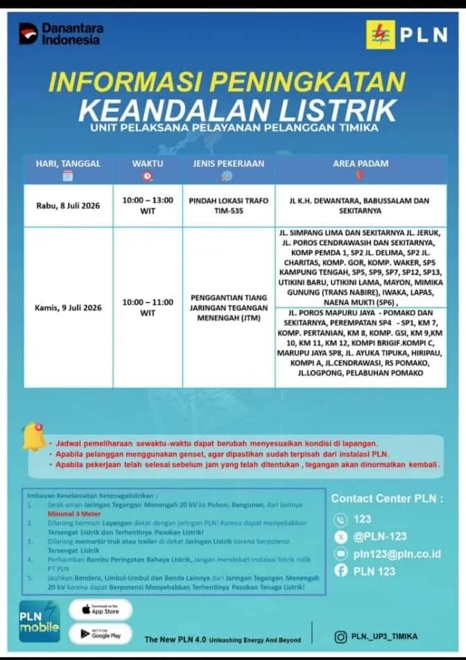 Ilustrasi berita Mimika: PLN UP3 Timika Jadwalkan Pemadaman Listrik di Sejumlah Wilayah pada 8-9 Juli