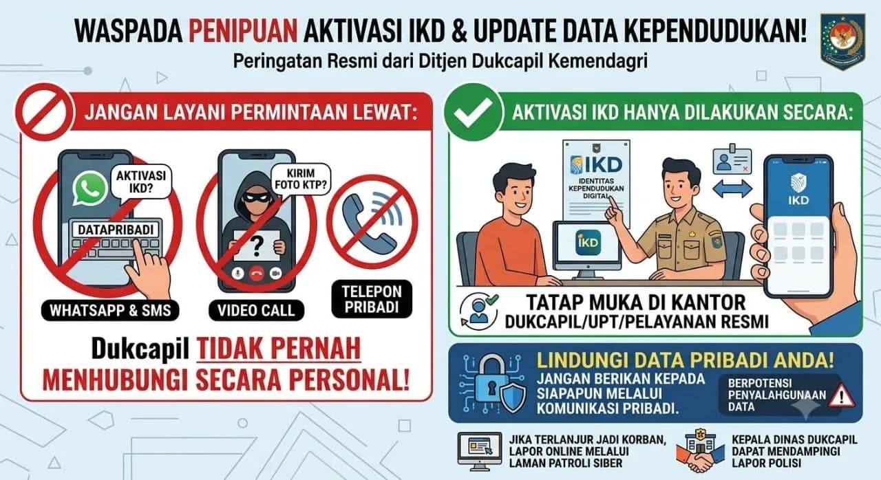 Ilustrasi berita Pemerintahan: Rawan Salahgunakan Data Pribadi, Dukcapil : Aktivasi IKD Tidak Dilakukan Lewat WhatsApp, SMS atau Video Call