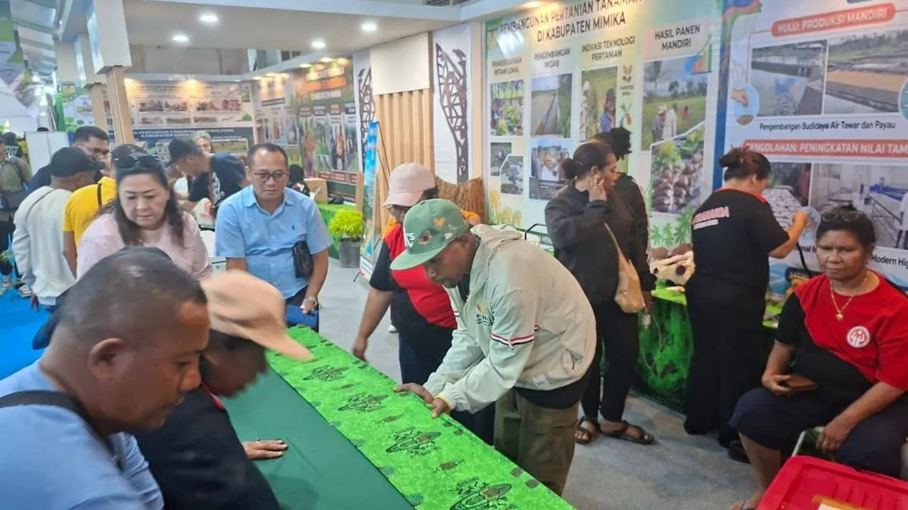 Pelaksana Tugas Kepala DTPHP Kabupaten Mimika, Abdul Haris Sudarmono bersama Ketua Dekranasda Ny Suzzy Rettob, Wakil Ketua Ny Perina Kemong serta para staf saat membereskan stand Mimika yang akan dikunjungi Menteri Pertanian, sore ini.