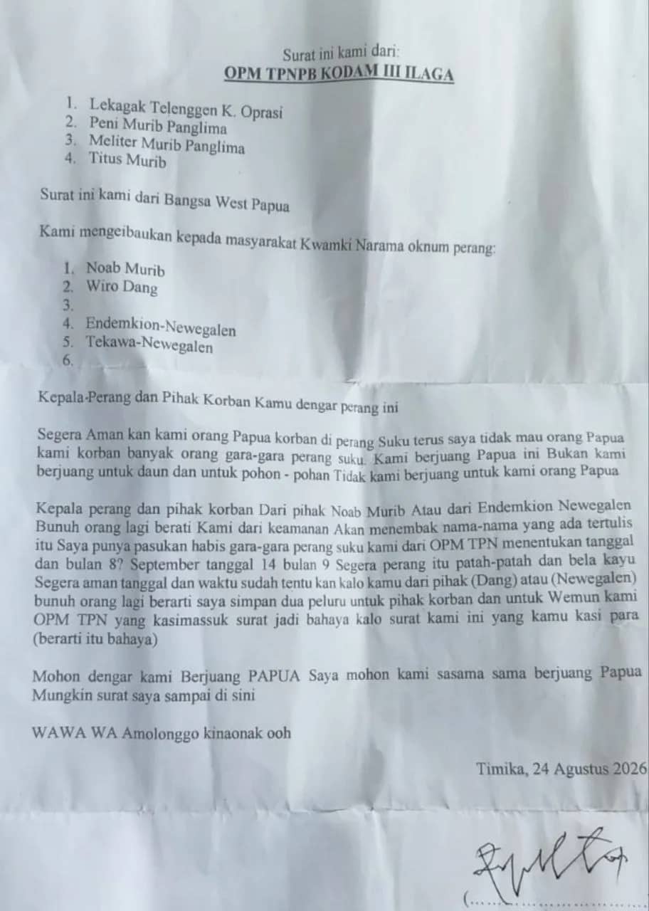 Surat yang beredar dari TPNPB OPM Ilaga meminta penghentian perang di Distrik Kwamki Narama.