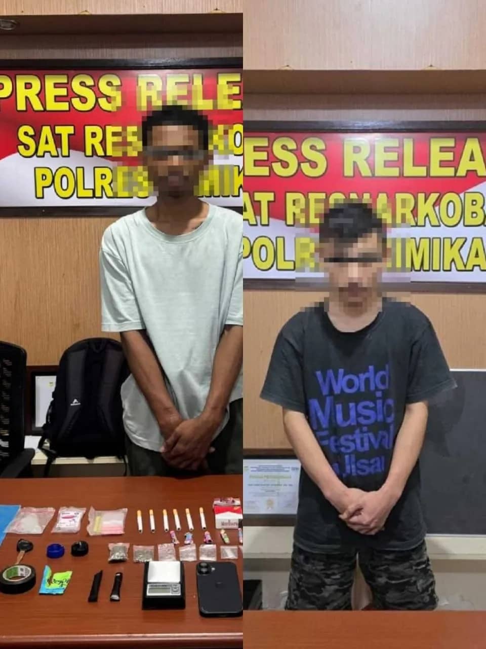 Para tersangka dan barang bukti yang diamankan Sat Resnarkoba Polres Mimika.