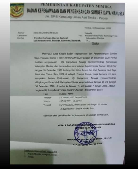 Ilustrasi berita Mimika: Kepala BKPSDM Mimika Perihal Uji Kompetensi Honorer Ditunda 5 Januari 2021: Tanya Saja Ibu Sekda