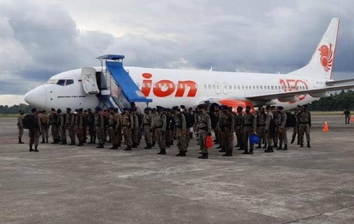Satu SSK Brimob Nusantara asal Riau yang akan membantu pengamanan selama PON XX tiba di Timika.