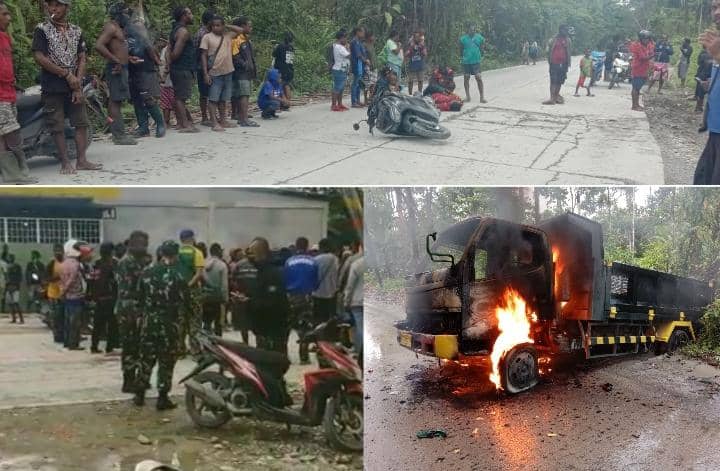 Massa memalang jalan dan membakar truk. Tampak TNI dan Polisi sedang bernegosiasi dengan keluarga korban.