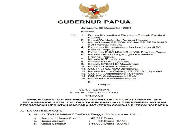 Surat Edaran Gubernur Papua terkait pemberlakuan PPKM untuk Natal 2021 dan Tahun Baru 2022.