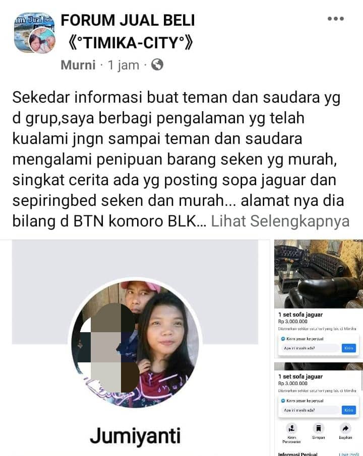 Ilustrasi berita Mimika: Warning !!! Modus Jual Sofa Murah di Forum Jual Beli, Akun Facebook Jumiyanti Tipu Sejumlah Warga Timika