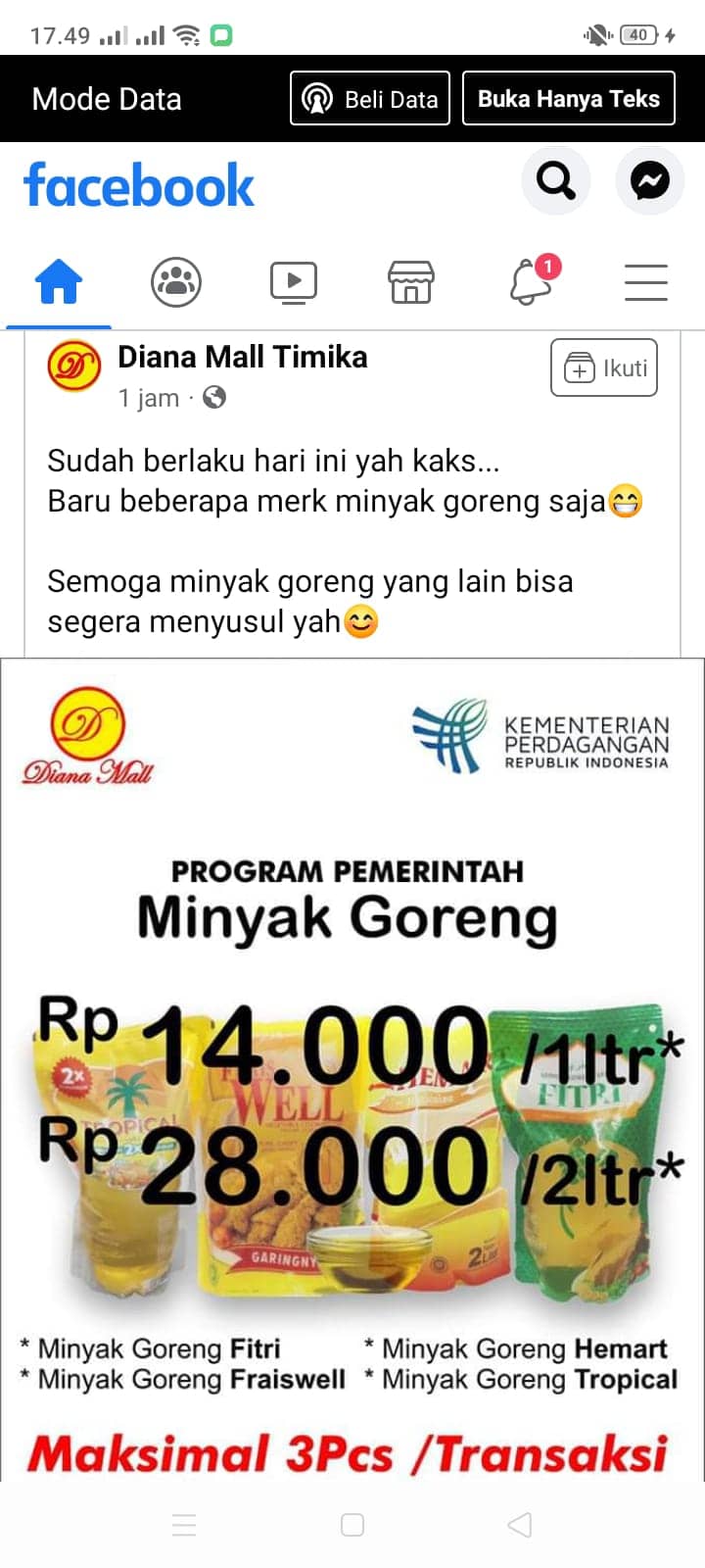 Unggahan account Diana Mall Timika di Facebook