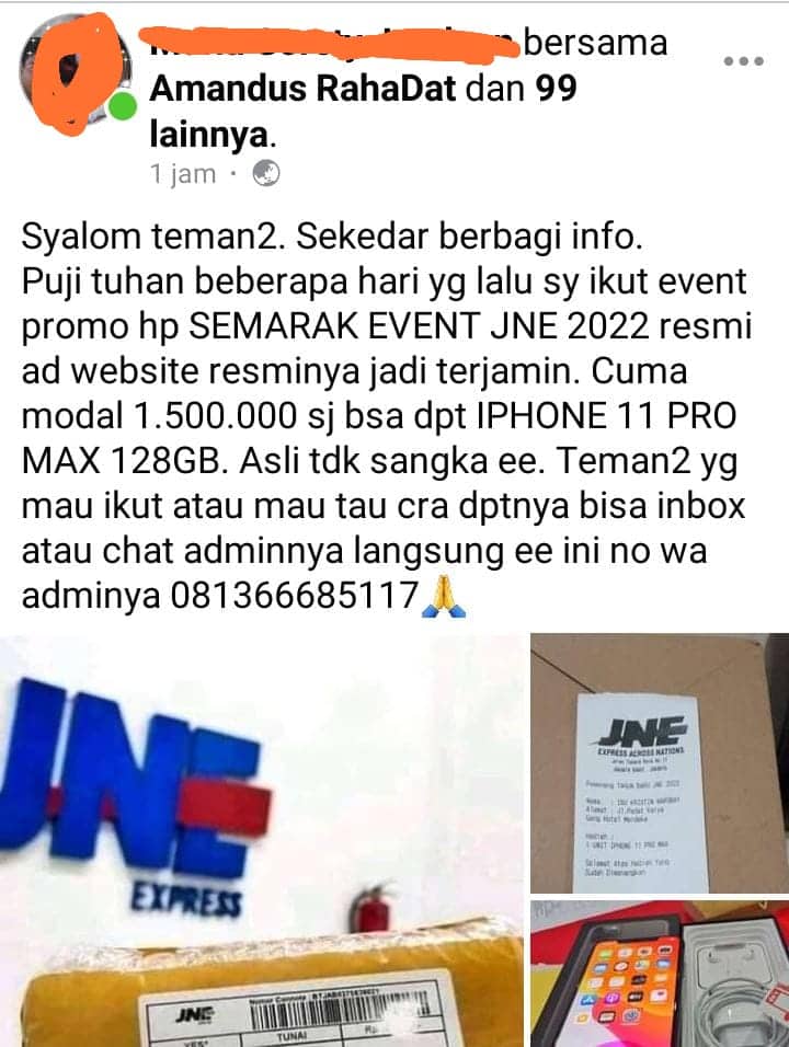 Ilustrasi berita Mimika: Wuiihh !!! Hacker Retas Facebook Sejumlah Pejabat Penting Mimika, Promosi Hadiah Tipuan SEMARAK EVENT JNE 2022