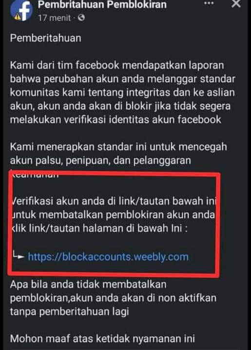 Ilustrasi berita Mimika: Jangan Sampai Warga Timika Terjebak, Akun FB "Pemberitahuan Pemblokiran" Curi Password Pengguna