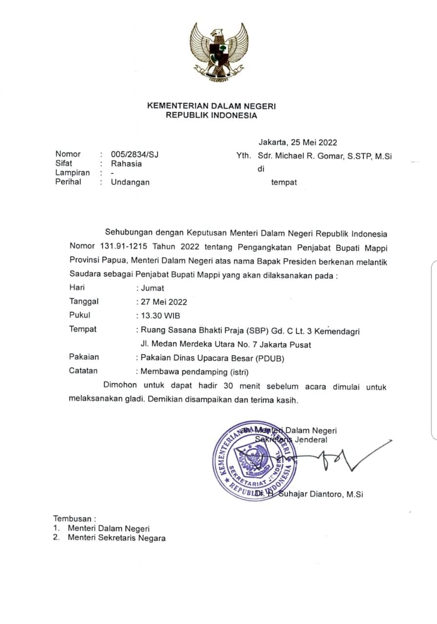 Surat penunjukkan Sekda Mimika Michael Gomar sebagai Penjabat Bupati Mappi.