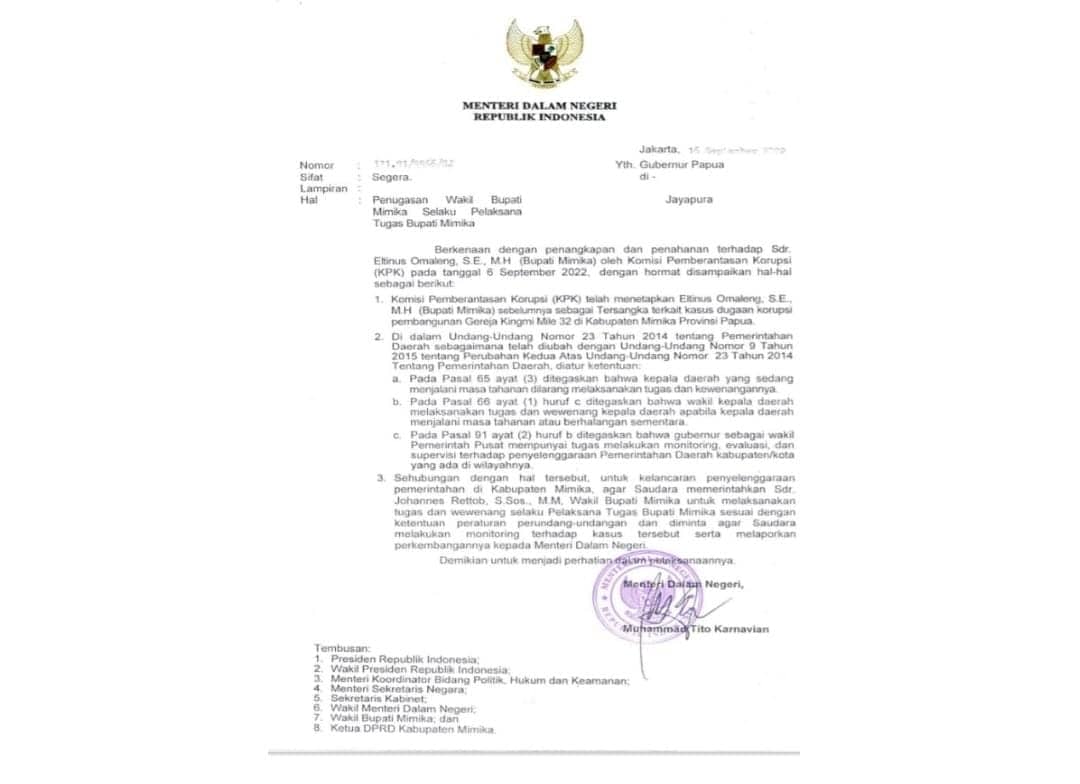 Ilustrasi berita Mimika: Mendagri Resmi Tunjuk Wabup John Rettob Jadi Pelaksana Tugas Bupati Mimika