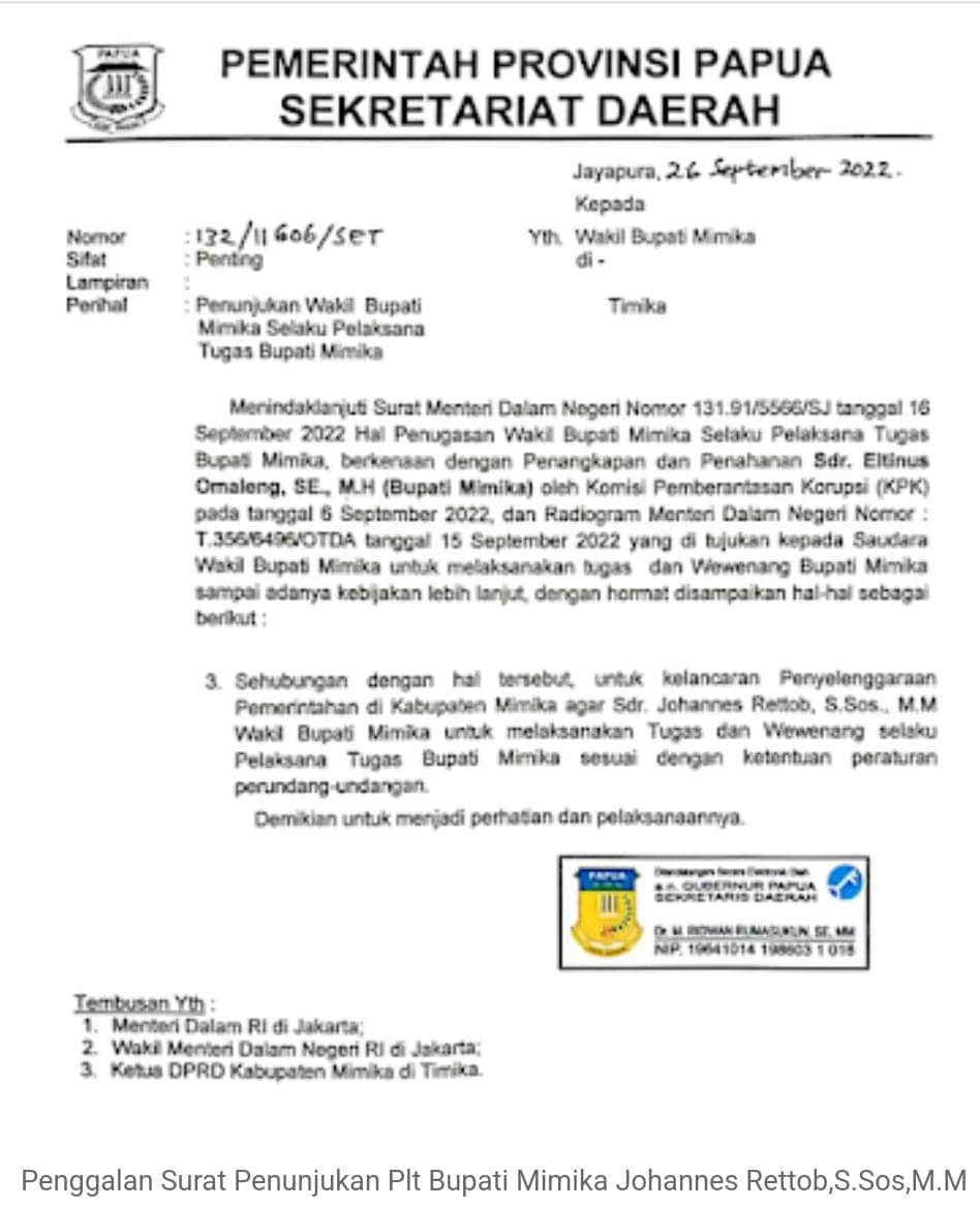 Surat penunjukan Wabup Johannes Rettob sebagai Pelaksana Tugas Bupati Mimika.
