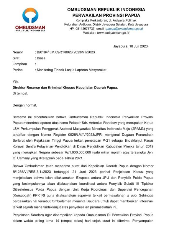 Ilustrasi berita Mimika: Surati Polda Papua, Ombudsman Pertanyakan Perkembangan Laporan Kasus Korupsi Sentra Pendidikan Mimika