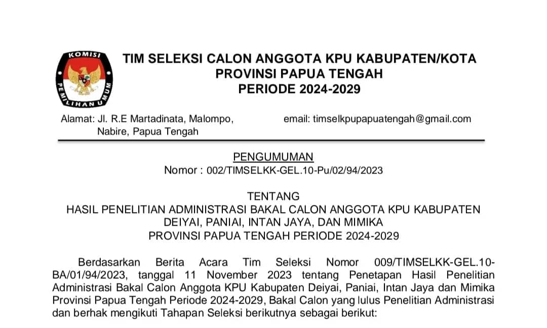 Ilustrasi berita Mimika: 53 Nama Lolos Seleksi Administrasi Calon Komisioner KPU Mimika, Ini Daftarnya