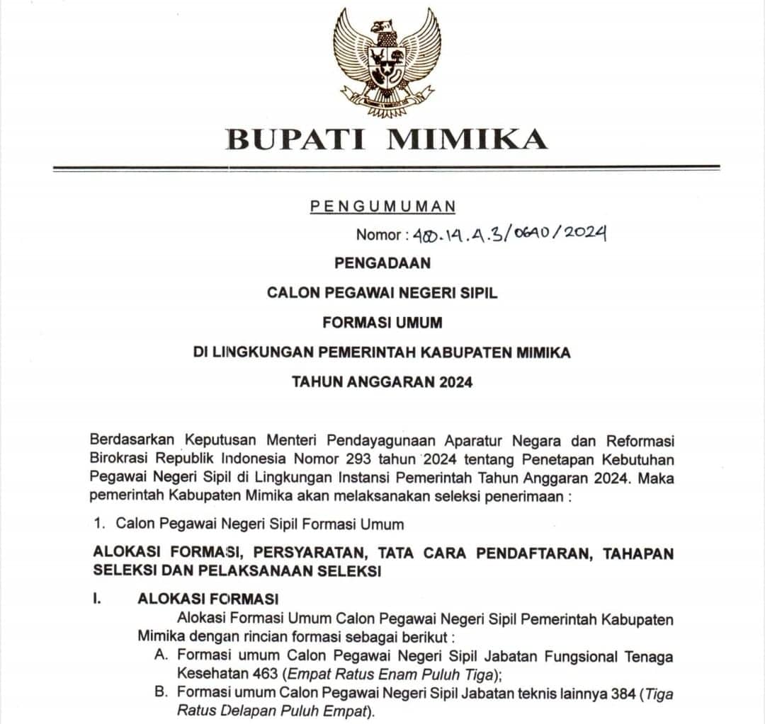 Ilustrasi berita Mimika: Pemda Mimika Gelar Seleksi 847 CPNS Formasi Umum Tahun 2024, Ini Syarat dan Jadwalnya