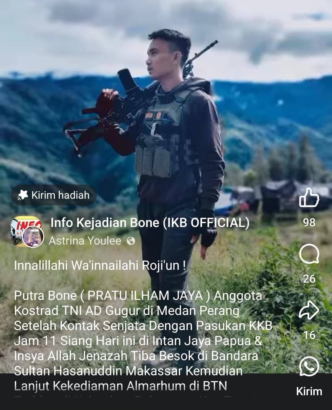 Ilustrasi berita Papua: Anggota TNI Pratu Ilham Dilaporkan Gugur Ditembak OPM di Intan Jaya, Jenazah Diterbangkan ke Makassar