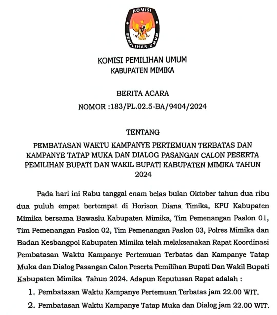 Ilustrasi berita Mimika: KPU Mimika Keluarkan Berita Acara Pembatasan Waktu Kampanye Terbatas, Bisa Sampai Pukul 22.00 WIT