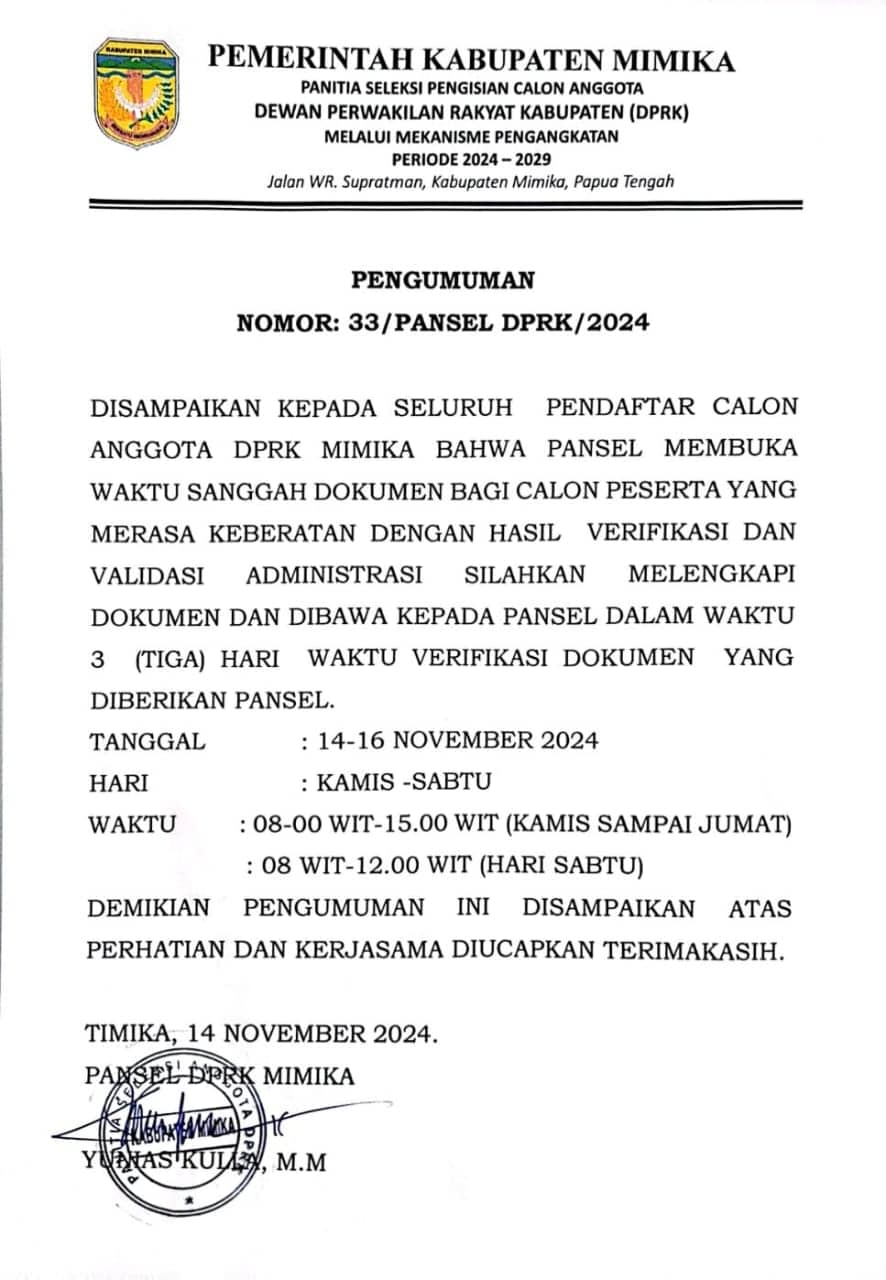 Ilustrasi berita BERITA UTAMA: Pansel DPRK Mimika Perpanjang Masa Pelengkapan Berkas, Tes Tertulis dan Wawancara Diundur