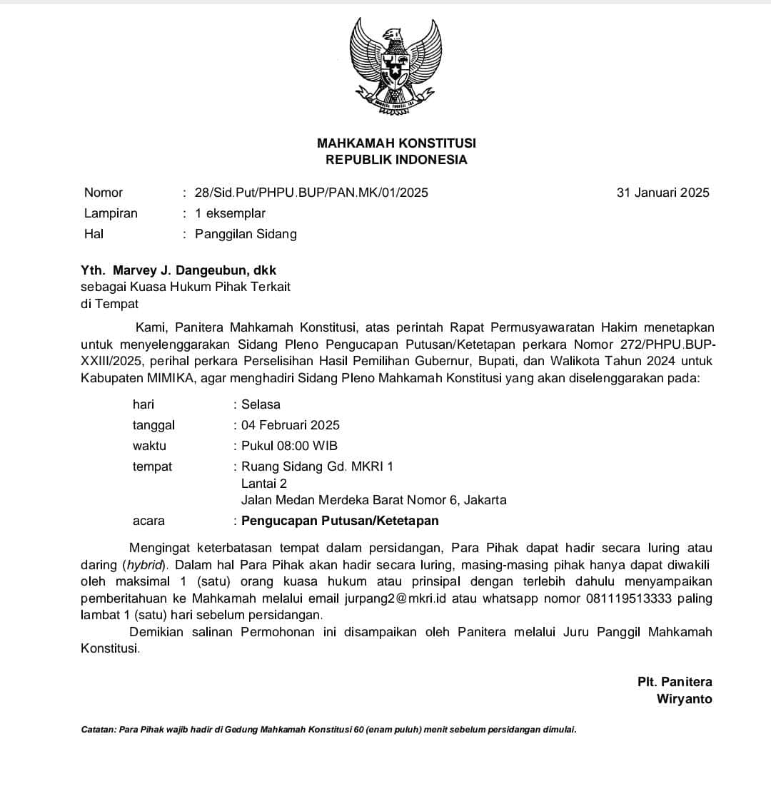 Ilustrasi berita Mimika: Kuasa Hukum JOEL Terima Undangan MK, Sidang Putusan Digelar Dua Kali, Tanggal 4 dan 5 Februari 2025